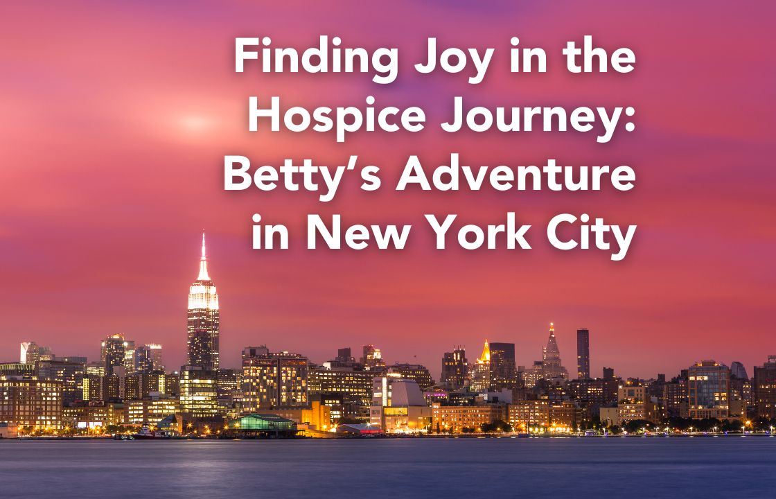The words "Finding Joy in the Hospice Journey: Betty's Adventure in New York City" hover above the New York City skyline seen from a distance with a vivid pink sky.