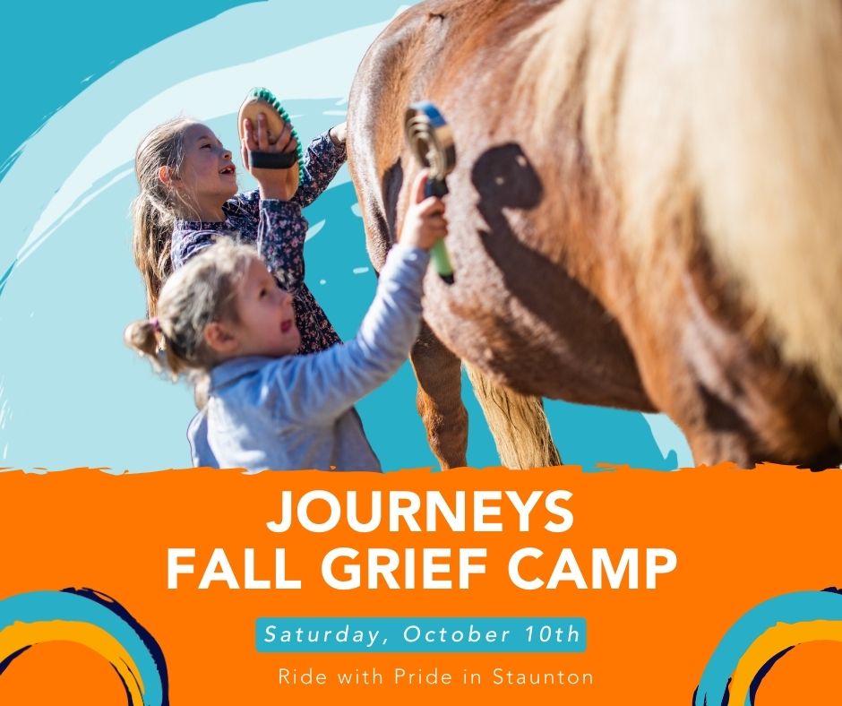 Two children groom a brown horse with brushes at an outdoor stable. Text on the image reads, “Journeys Fall Grief Camp, Saturday, October 10th, Ride With Pride in Staunton.”