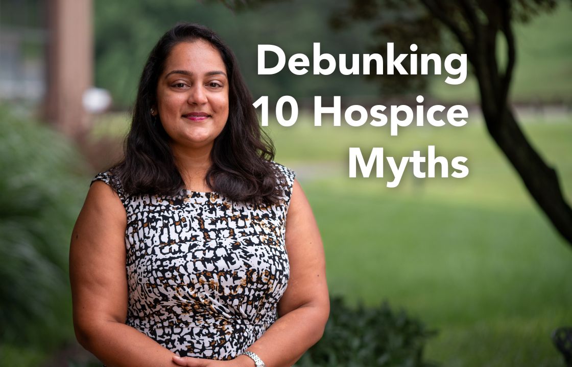 Dr. Simran Mann stands outside near a tree alongside the words "Debunking 10 Hospice Myths"