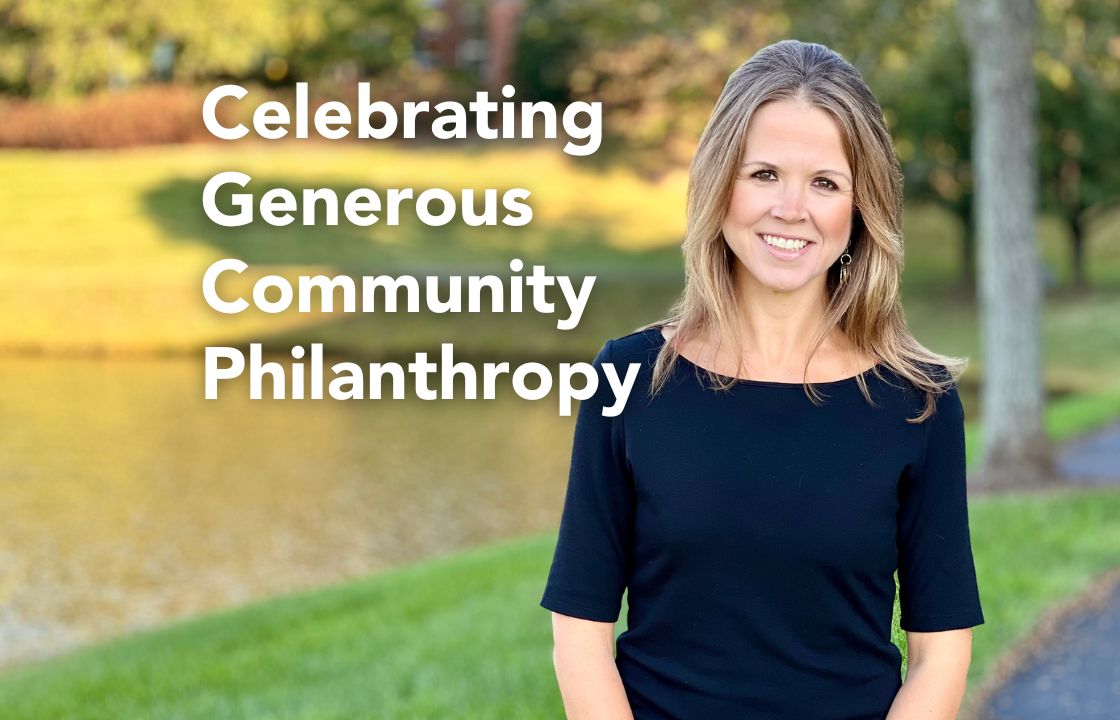 Hospice of the Piedmont's Chief Marketing & Development Officer wears a black top beside the words "Celebrating Generous Community Philanthropy."