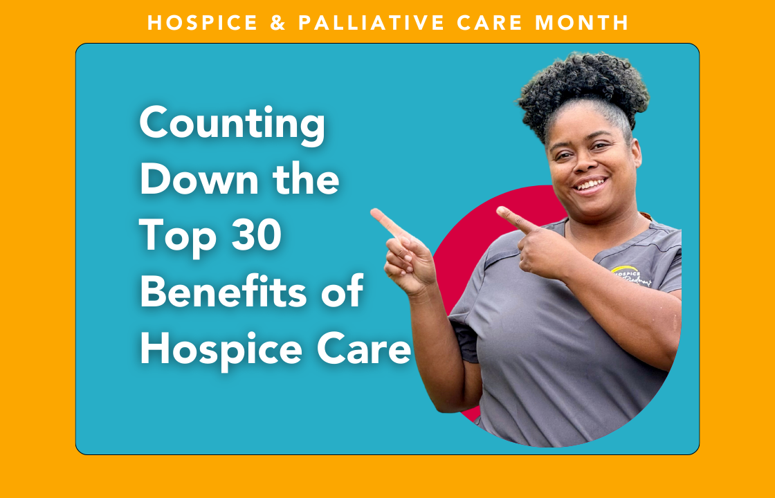Hospice Aide Nashell Williams points to the words "Counting Down the Top 30 Benefits of Hospice Care"