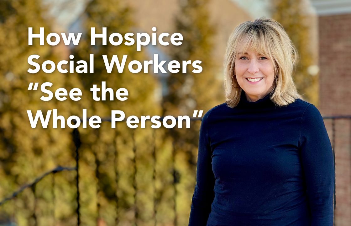 Hospice Social Worker Robin Johnson wears a black turtleneck, next to the words "How Hospice Social Workers 'See the Whole Peron'"