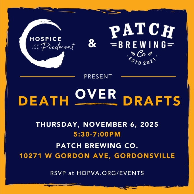 A promotional poster for Death Over Drafts at Patch Brewing Company in Gordonsville Virginia. The event starts at 5:30pm on Thursday, November 6th