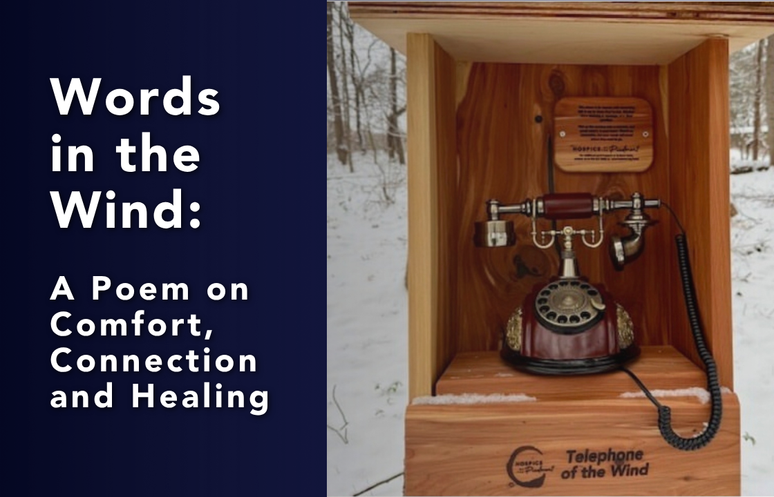 Old telephone in wooden frame in the snow with words telephone in the wind.